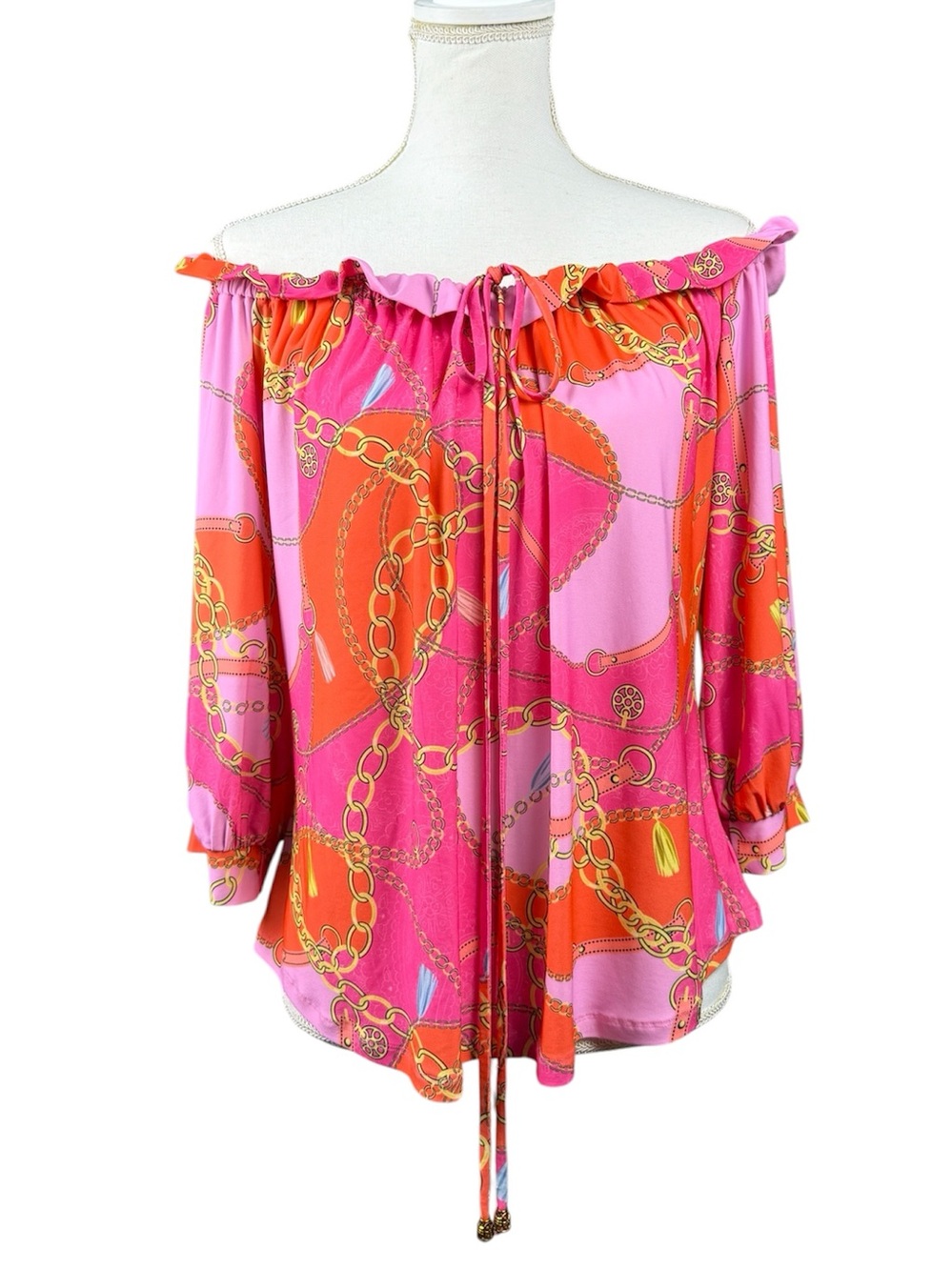Julian Chang Pink & Orange Chain Link Print Off-the-shoulder Top Size Large